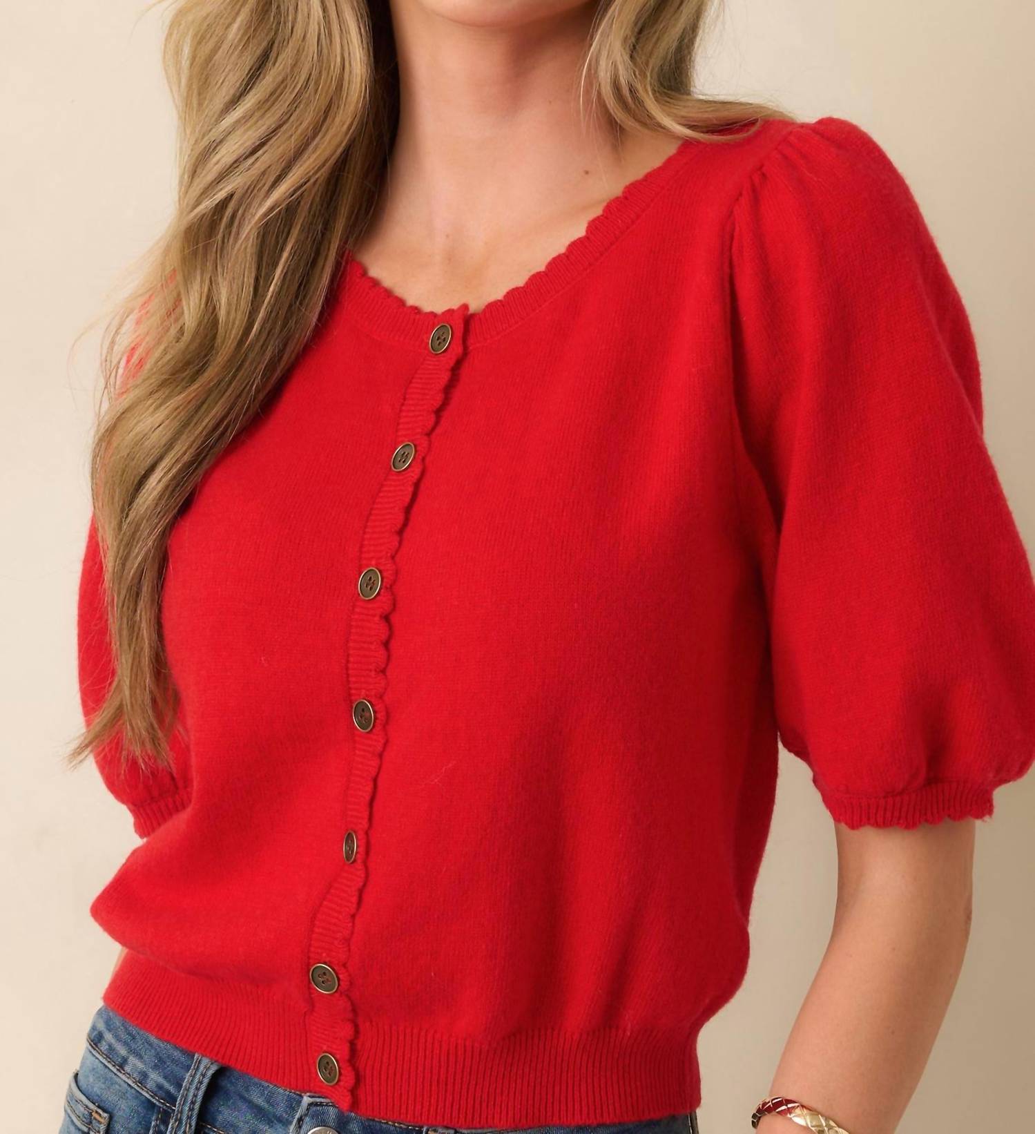 KLd. Signature Puffed Sleeve Cardigan in red - women's cardigan