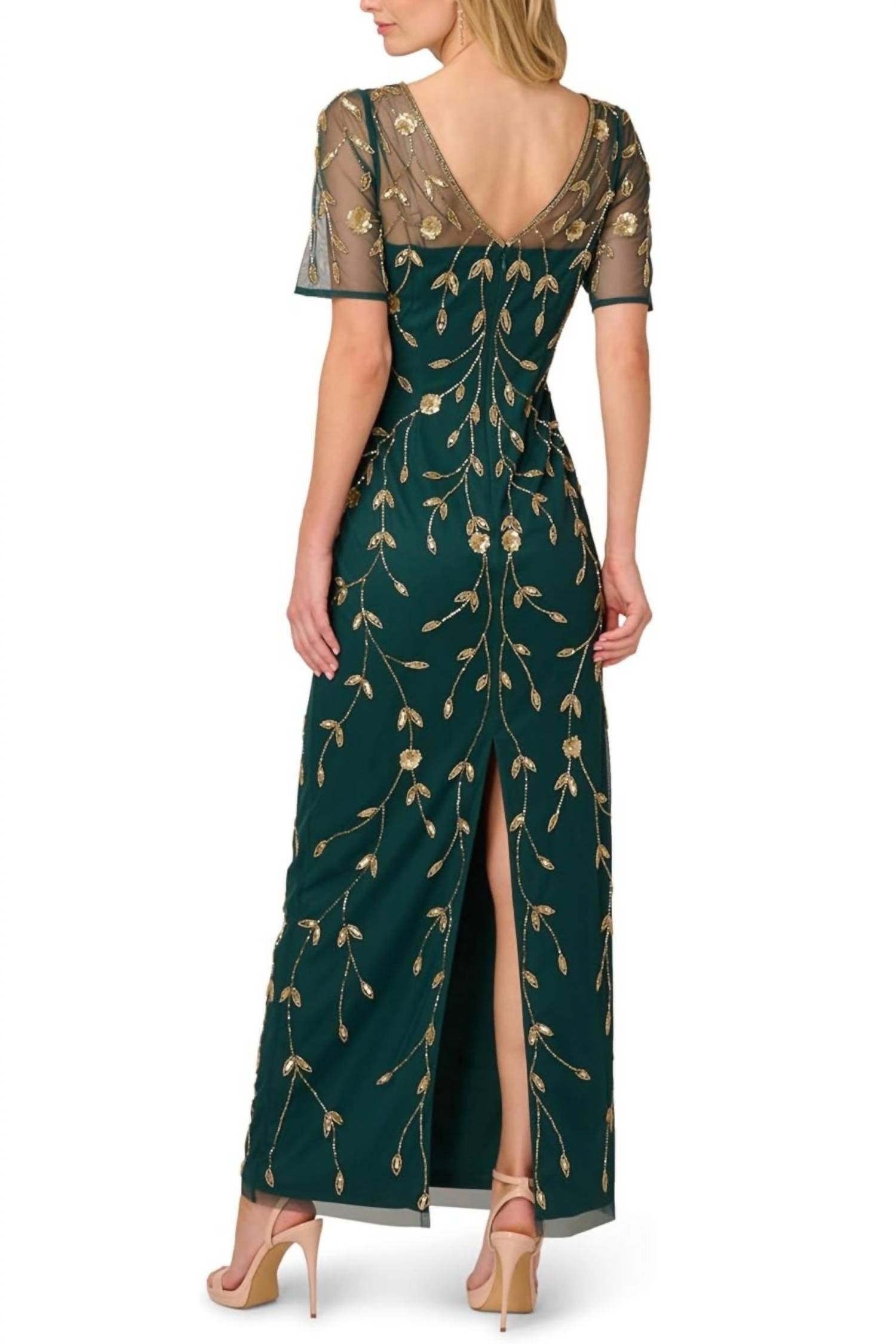 Adrianna Papell - Bead Sheer Mesh Floral Sheath Maxi Dress