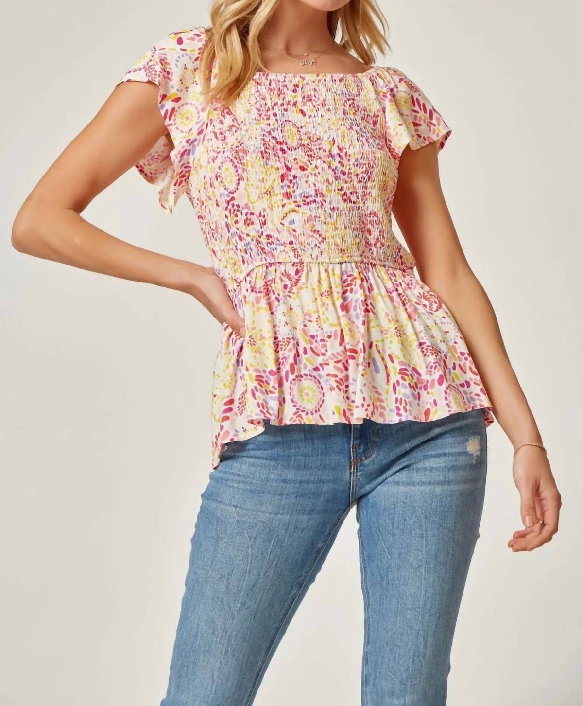 Andree By Unit - Sunshine Confetti Smocked Top With Flutter Sleeves