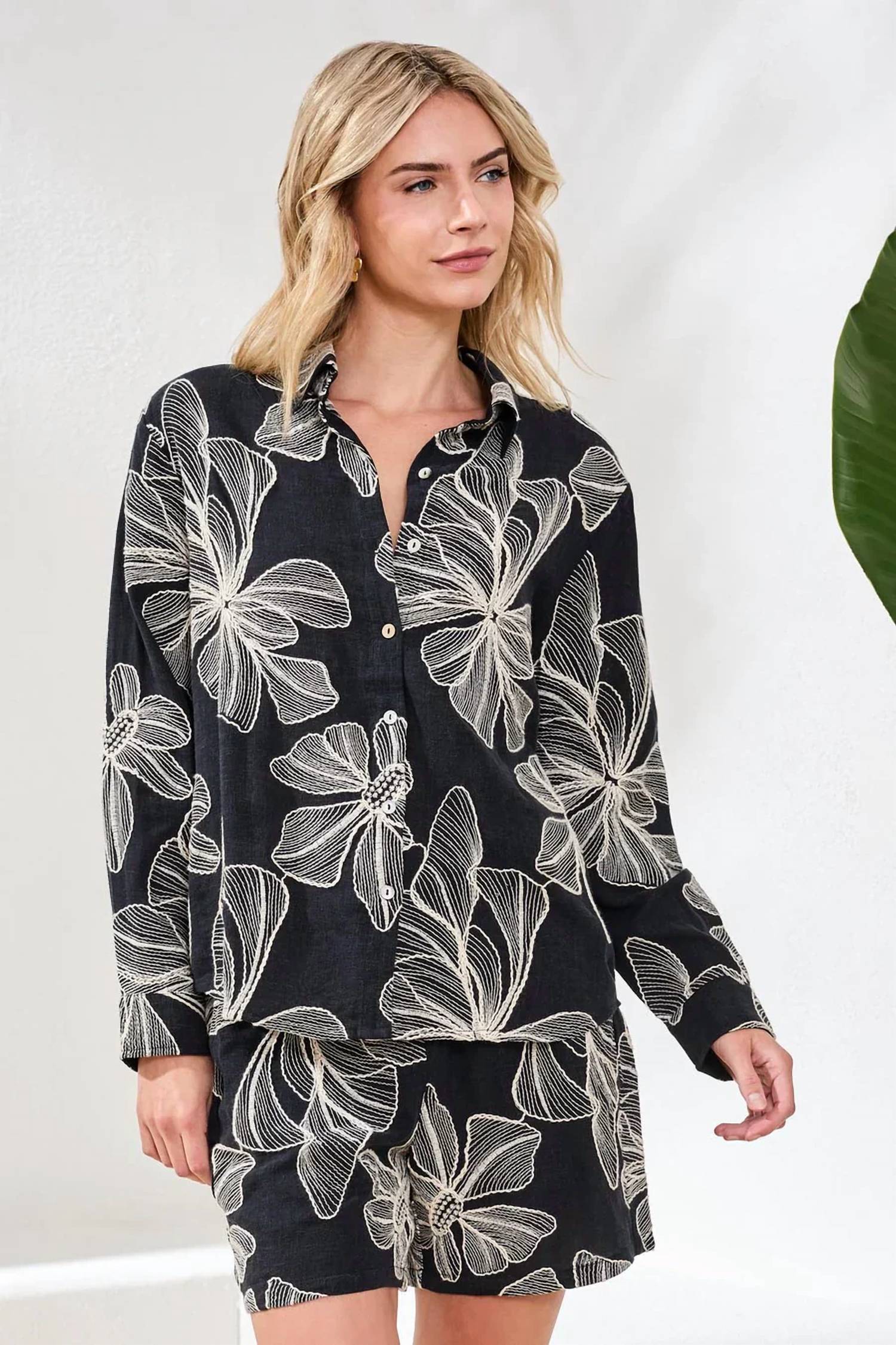 Tribal - Embroidered Long Sleeve Button‑front Blouse
