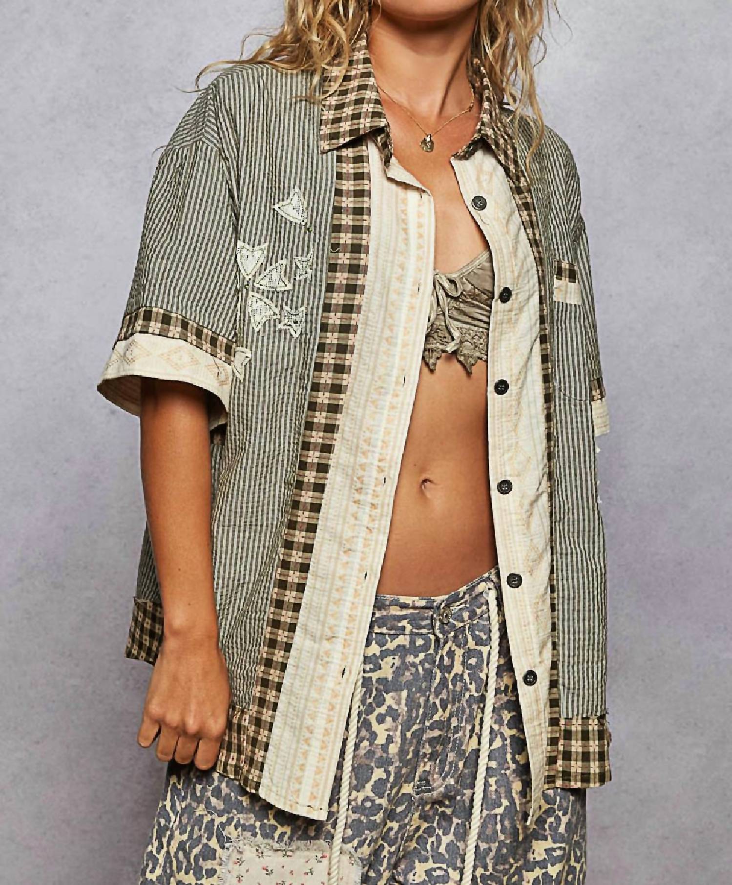 POL Print Textured Button Down Shirt in multi - women's t-shirt - alternate view