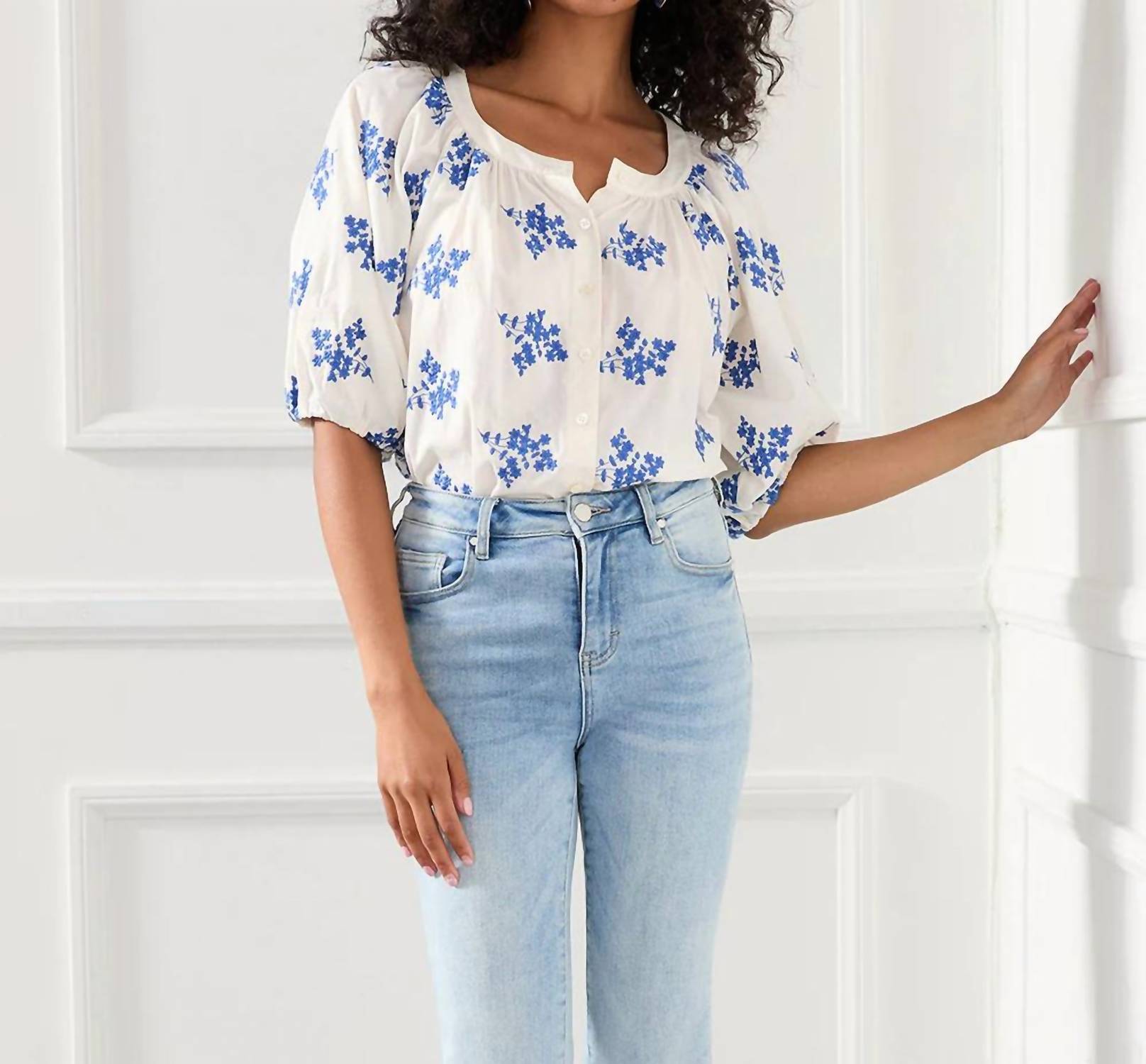 Karen Kane Baylee Floral Embroidered Top in off white and blue - women's blouse - view 4