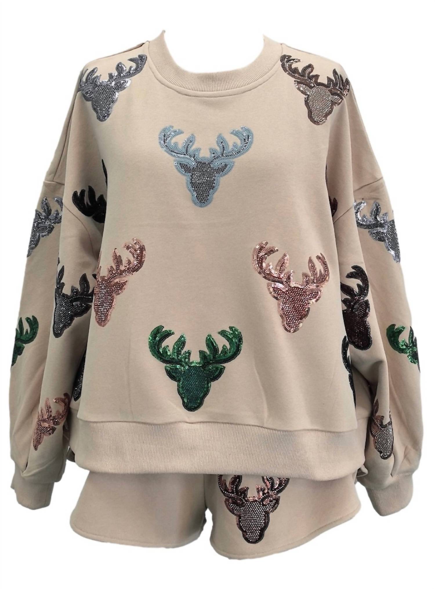 QUEEN OF SPARKLES Deer Head Sweatshirt in beige - women's top - view 5