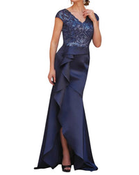 Jade Couture - V-neck Paillette Metallic Embroidery Lace & Marquis Satin MOB Dress