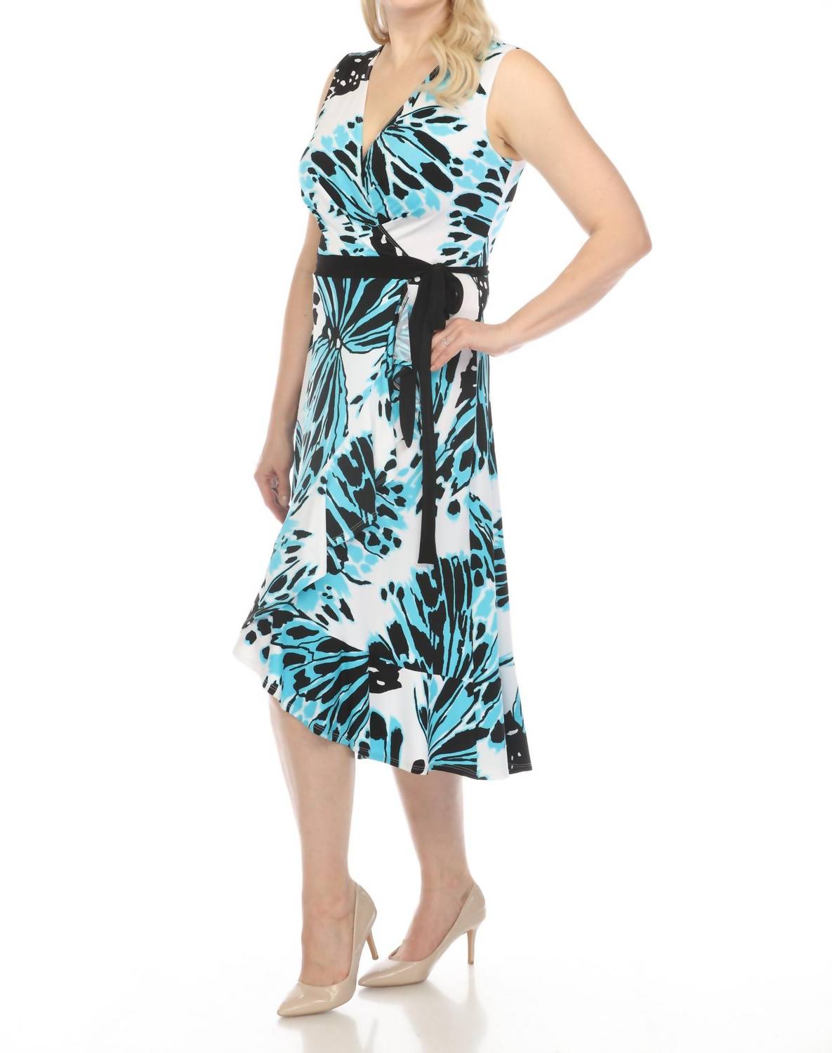 Joseph Ribkoff - Butterfly Print Faux Wrap Hi-low Midi Dress