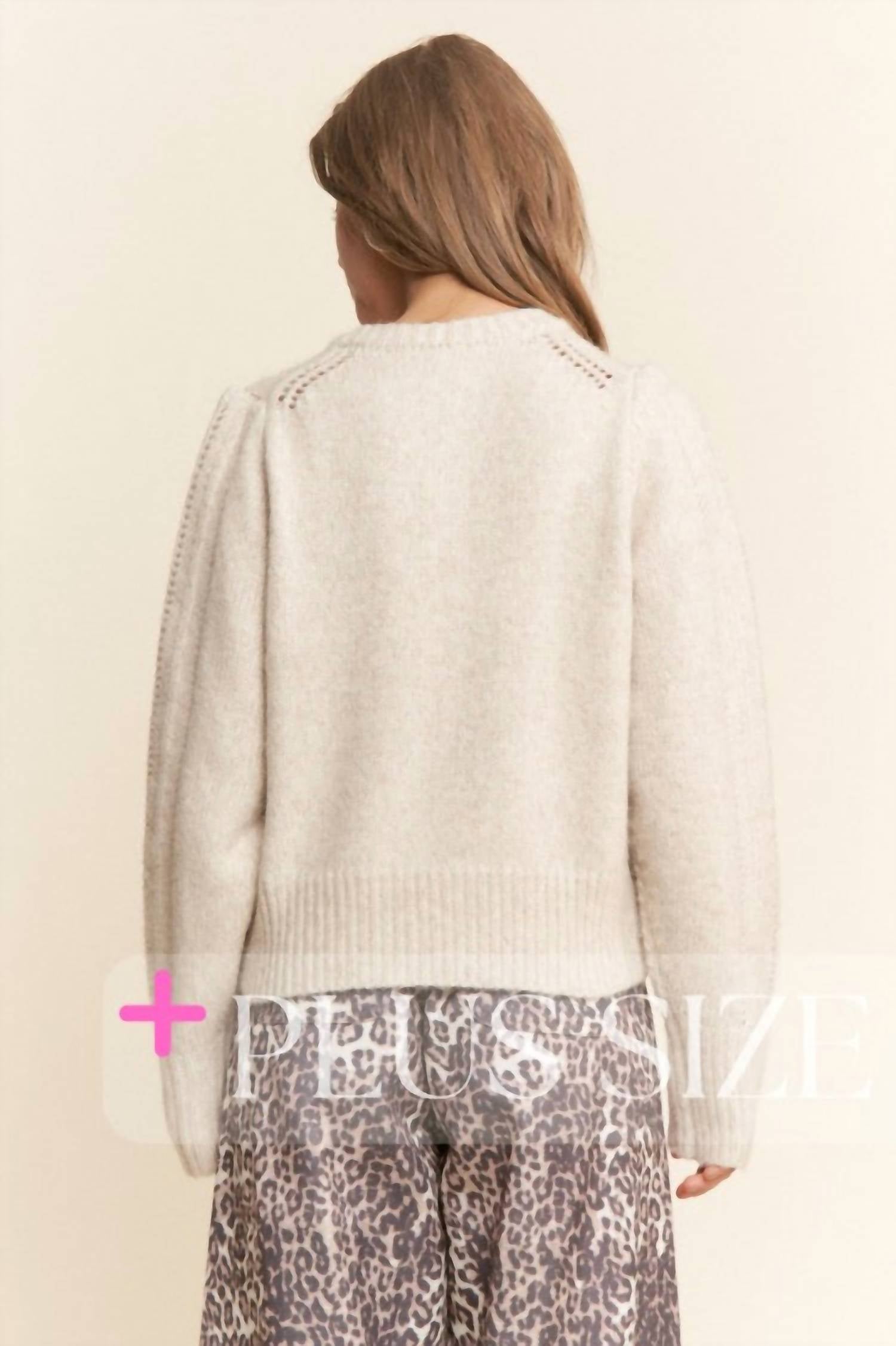 J.NNA Soft Knit Eyelet Cardi Sweater - Plus in light sand - women's cardigan - detail view