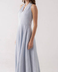 Elle Grey - V-neck Midi Stress Pinstripe Dress