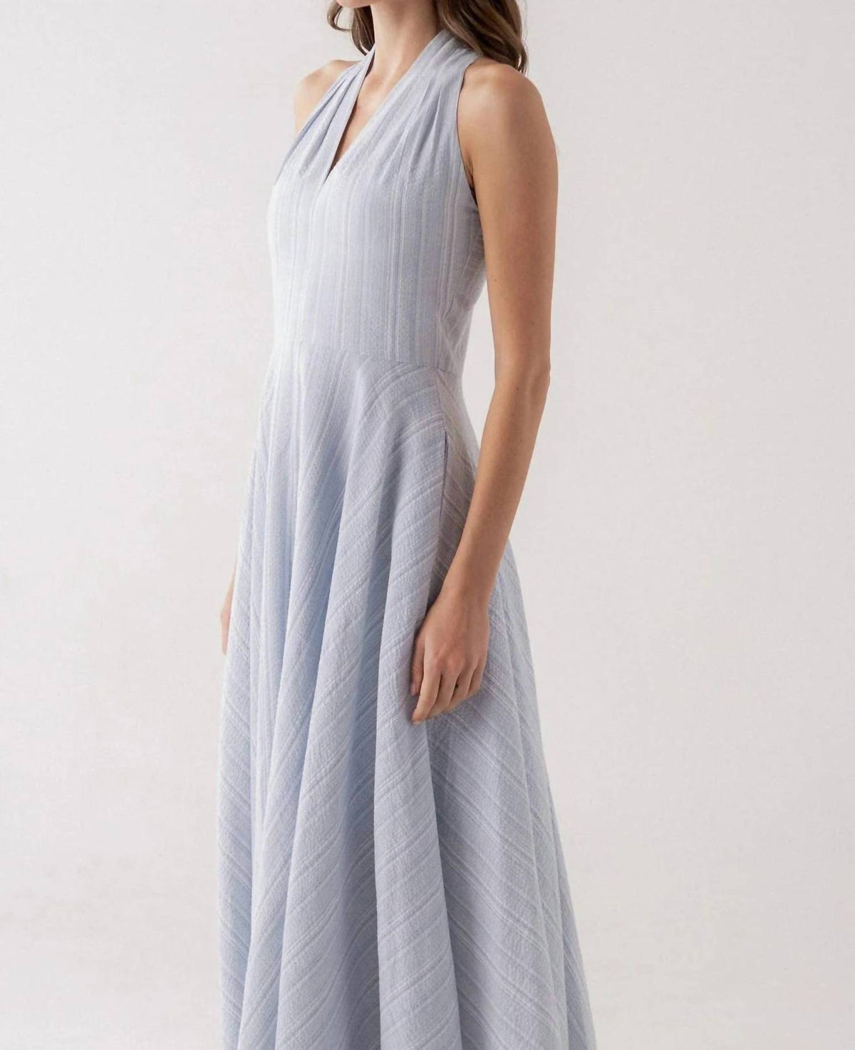 Elle Grey - V-neck Midi Stress Pinstripe Dress
