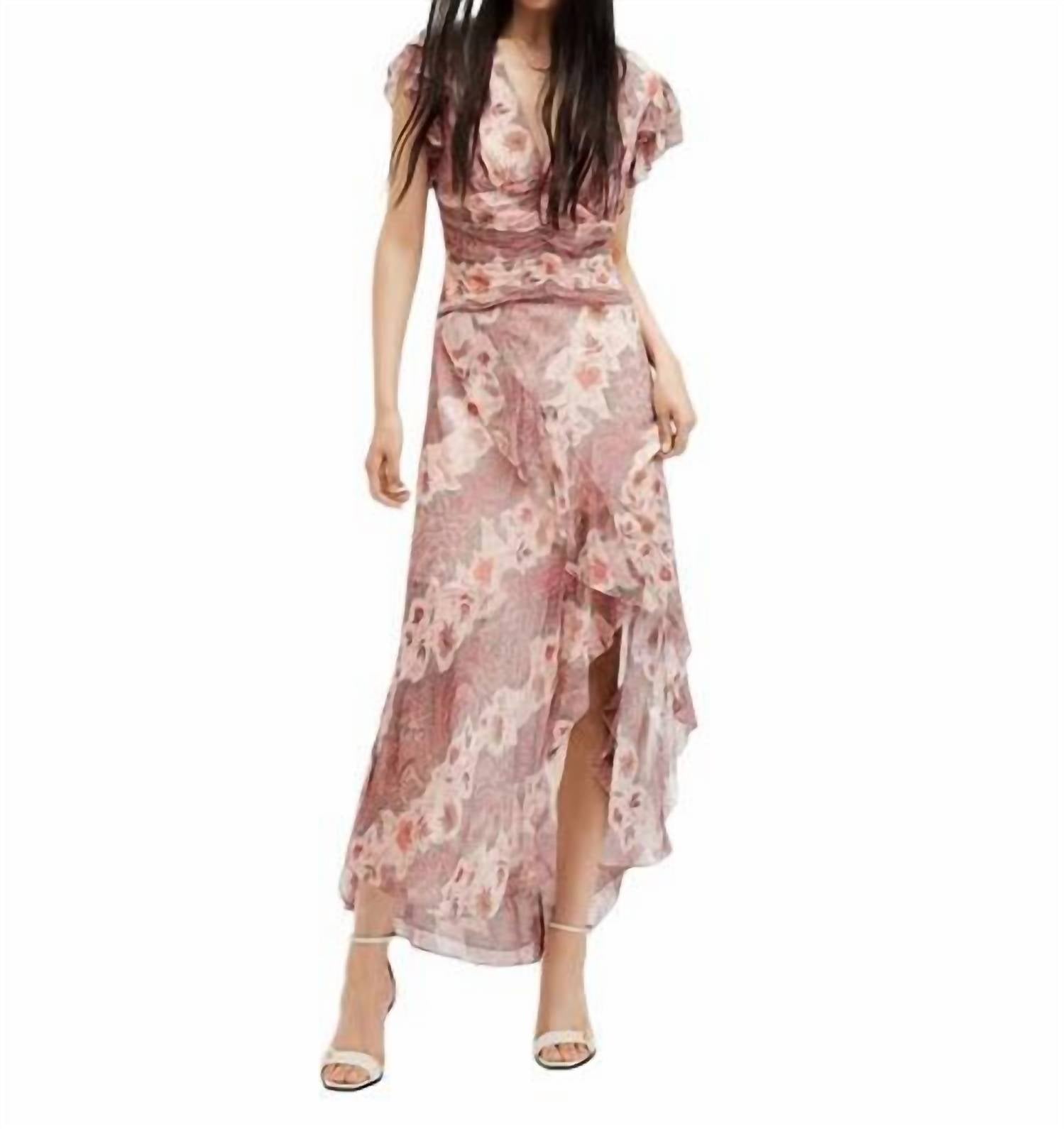 AllSaints Brea Floral Print Cascade Maxi Dress in clay pink - women's dress - alternate view
