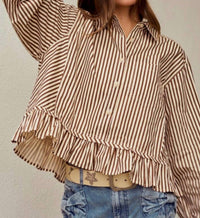 LovLov Striped Raglan Puff Sleeve Shirt in cream burgundy - women's shirt