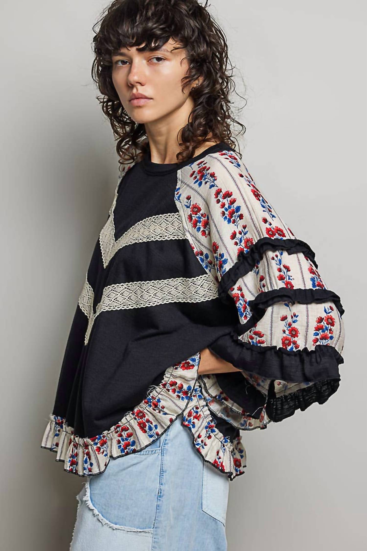 Pol - Boho Mixed Print Floral Sleeve Lace Panel Top