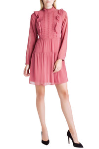 Kensie - Crinkle Chiffon Long Sleeve Ruffle Front Mock Neck Dress