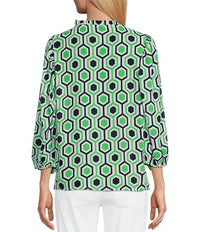 Multiples - Hexagon Print Smocked Neck Top