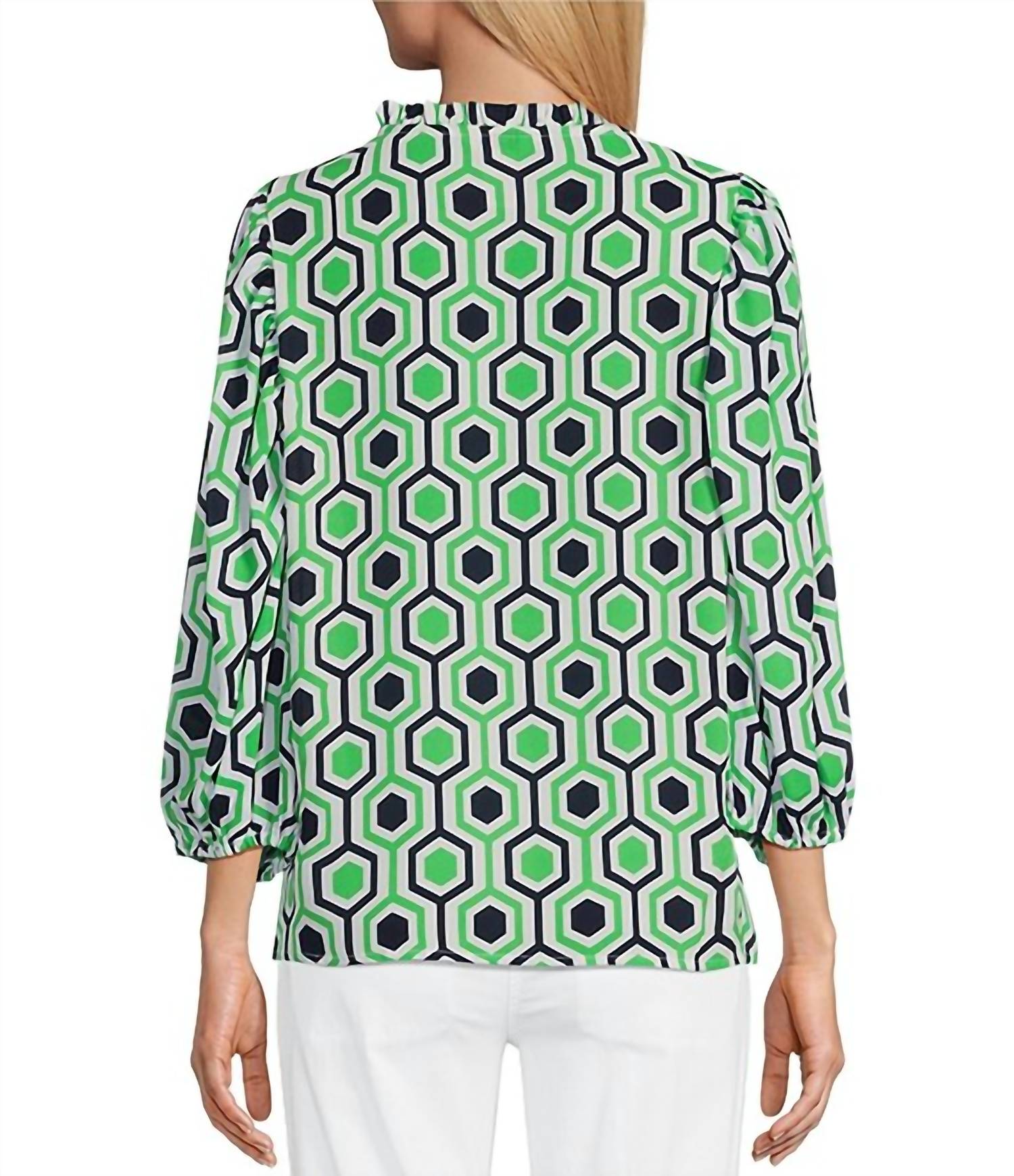 Multiples - Hexagon Print Smocked Neck Top