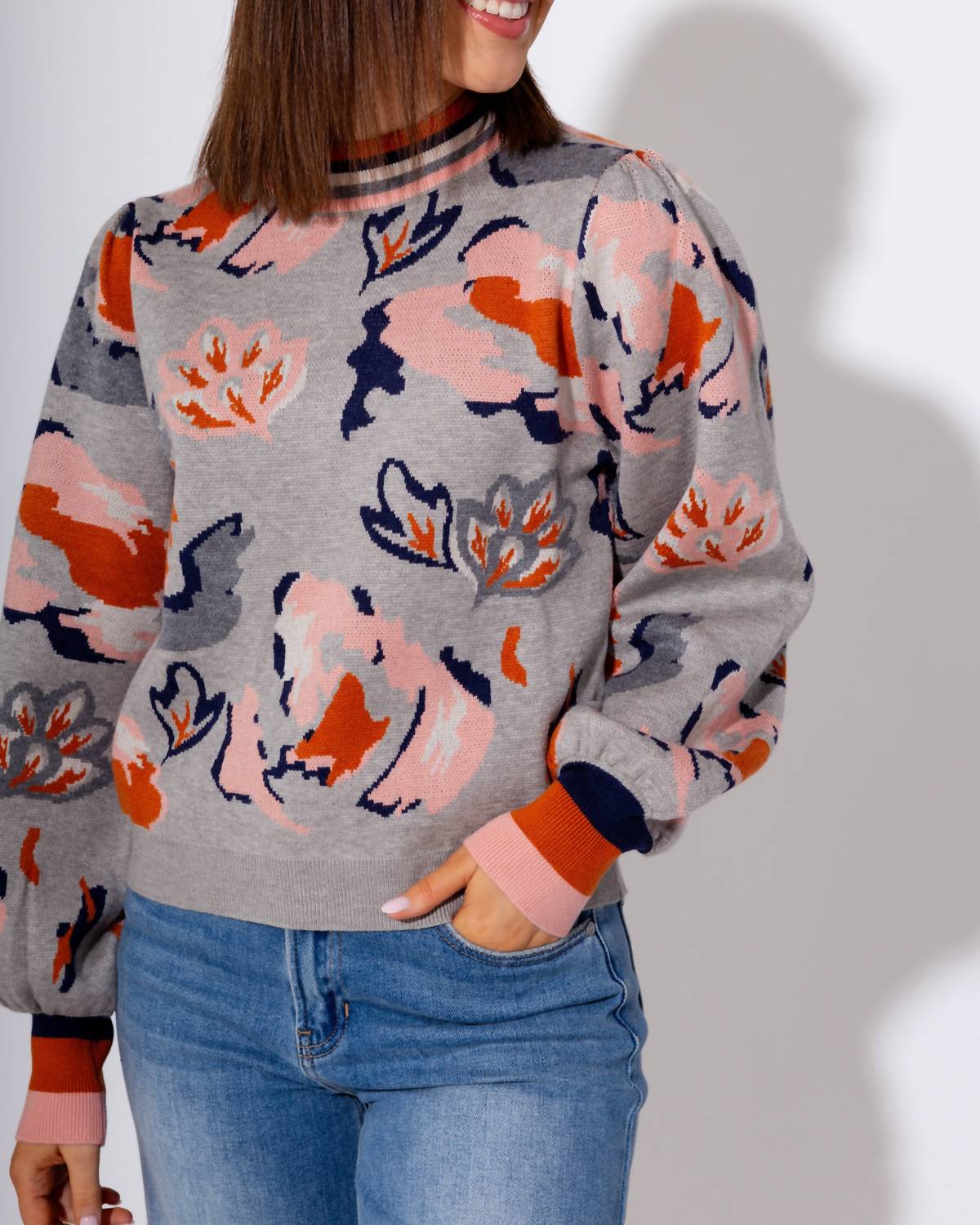 THML Abstract Floral Knit Sweater in grey - women's sweater - view 5