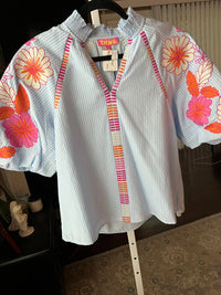 Thml - Women's Striped top with embroidered puff sleeves