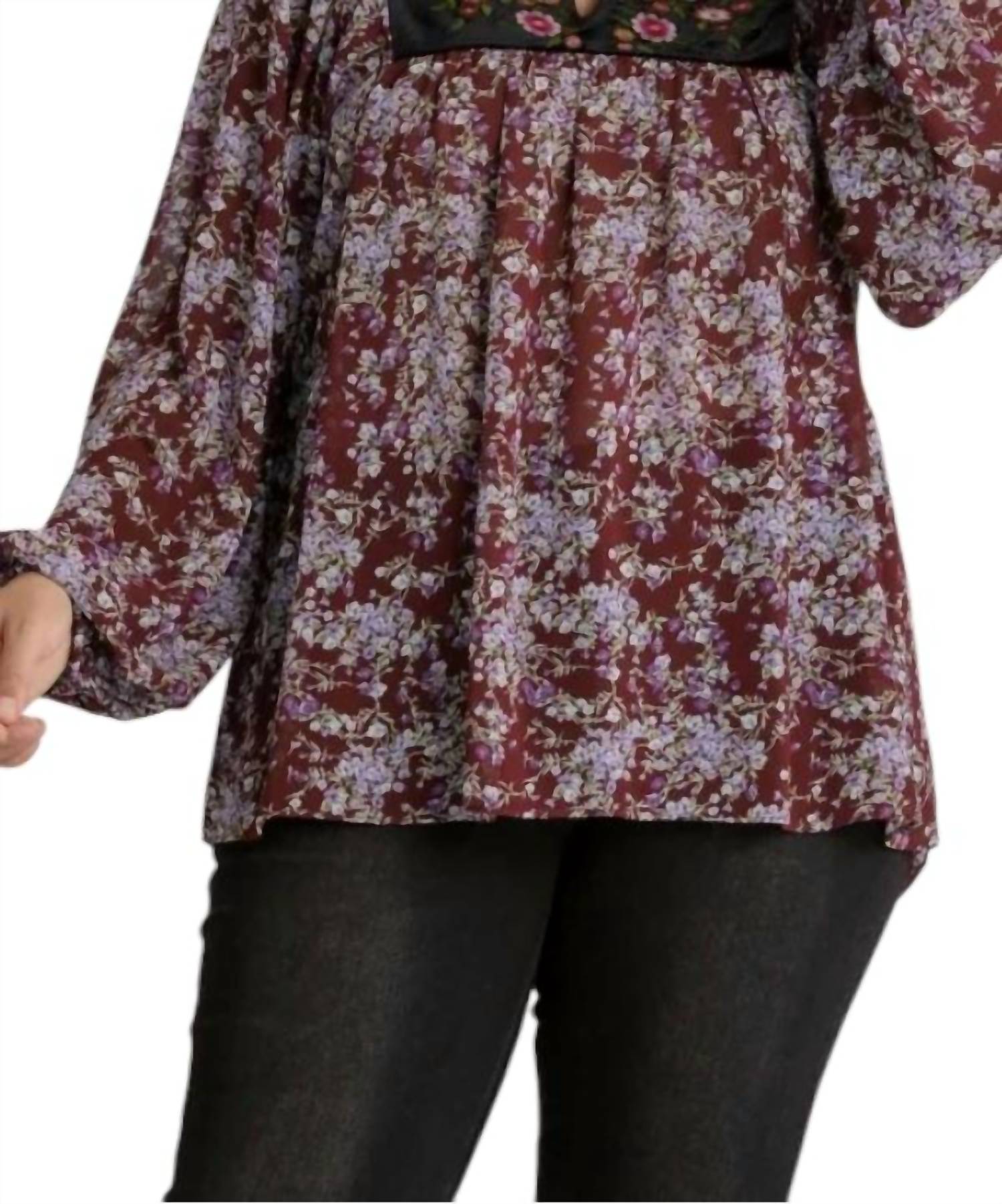 Umgee - Embroidered Velvet Yoke Floral Blouse