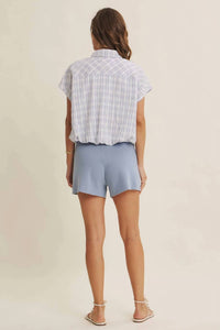 In February - Coastal Casual Crinkled Plaid Bubble Hem Top