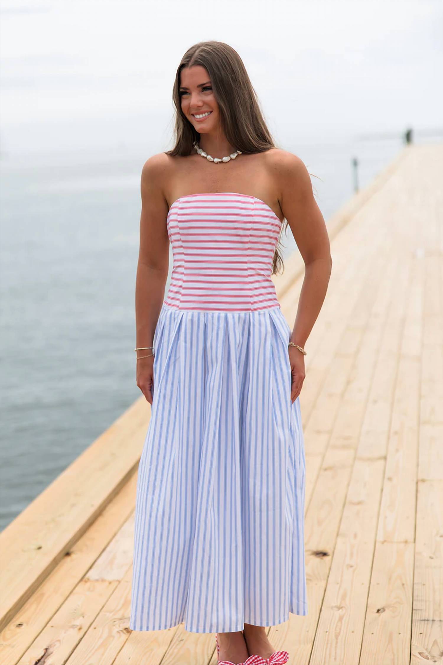 Tcec - Coastal Stripe Strapless Midi Dress
