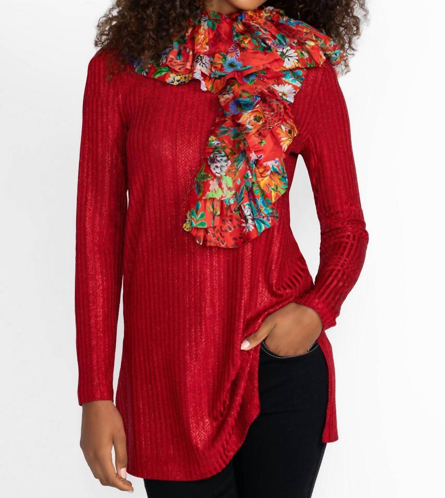 Johnny Was Women's Marie Ruffle Scarf in bobcat forest - women's scarf - detail view
