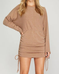 She + Sky - Long Dolman Sleeve Knit Dress With Drawstring Ruched Sides
