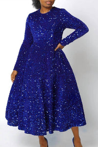 Unishe - Women's Round Neck Solid Color Sequin High Waist Dress