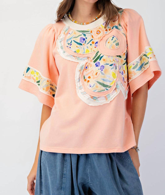 Easel - Soft Washed Terry Knit Top With Large Flower Patch