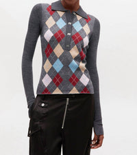 GANNI Fine Merino Jacquard Polo in dark grey - women's long sleeve top - detail view