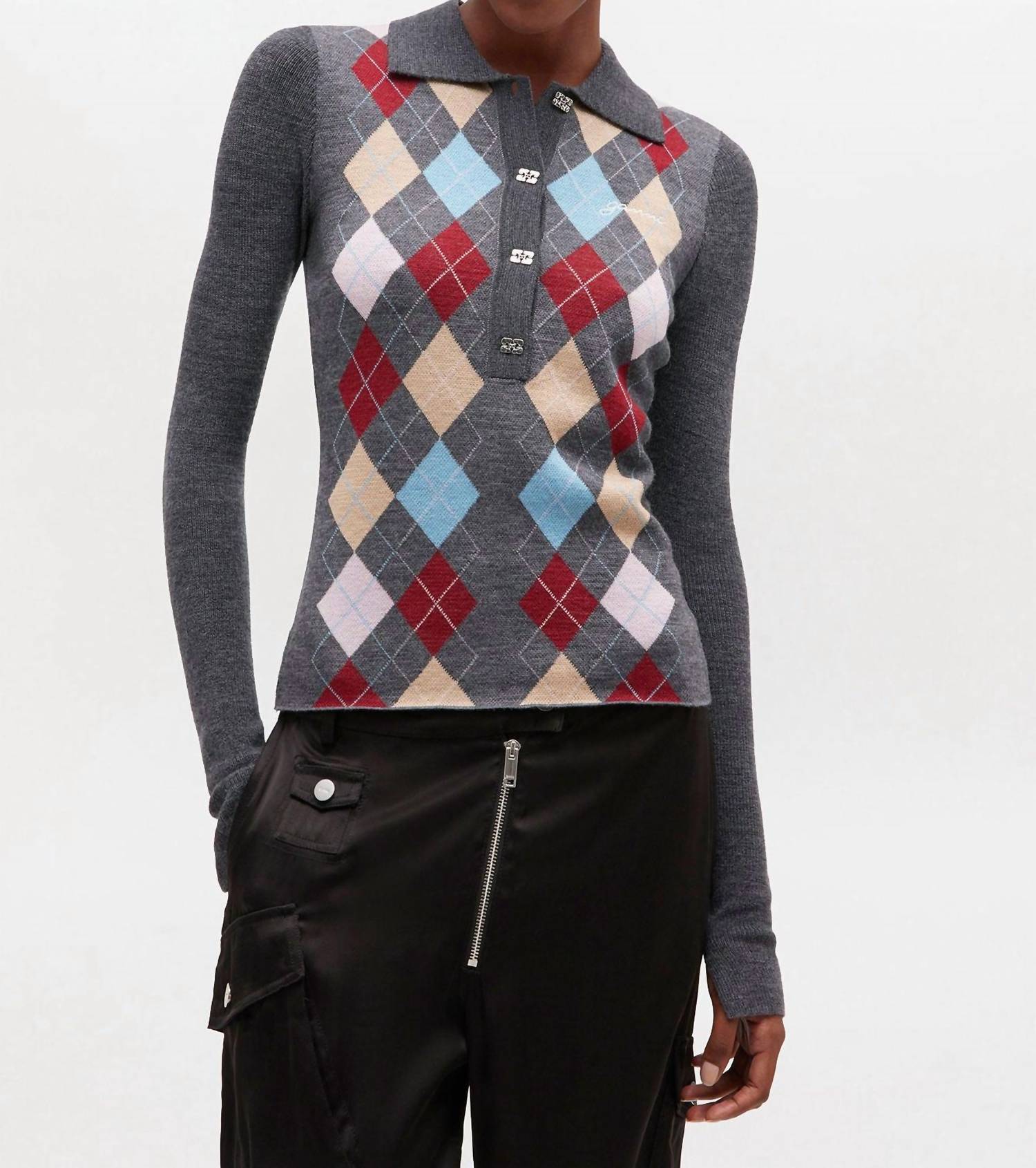 GANNI Fine Merino Jacquard Polo in dark grey - women's long sleeve top - detail view