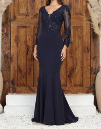 Adora Design - Long Sleeve Lace Applique Fitted Formal Gown