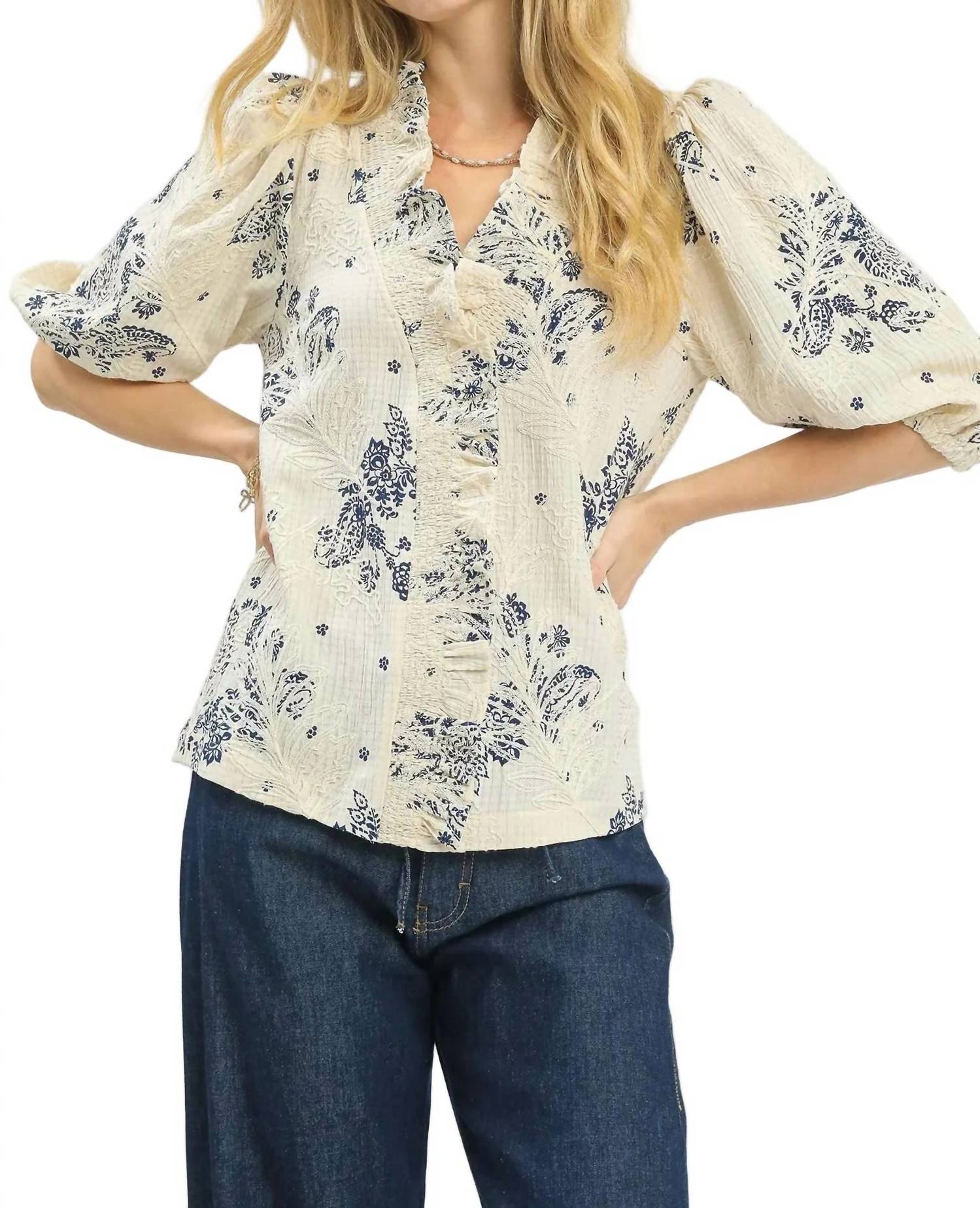 Umgee - Floral Embroidered Blouse With Ruffle Trim