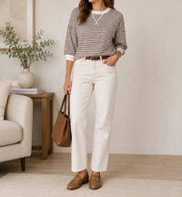 Zenana - Women's Striped Rib Banded Short Sleeve Pullover