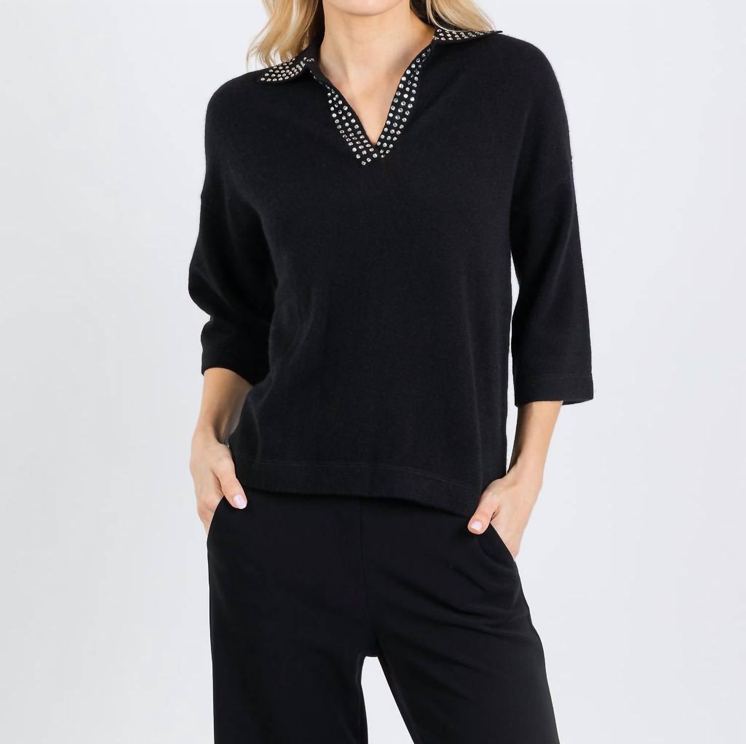Autumn Cashmere Boxy Cashmere Jewel Trim Sweater in black - women's sweater