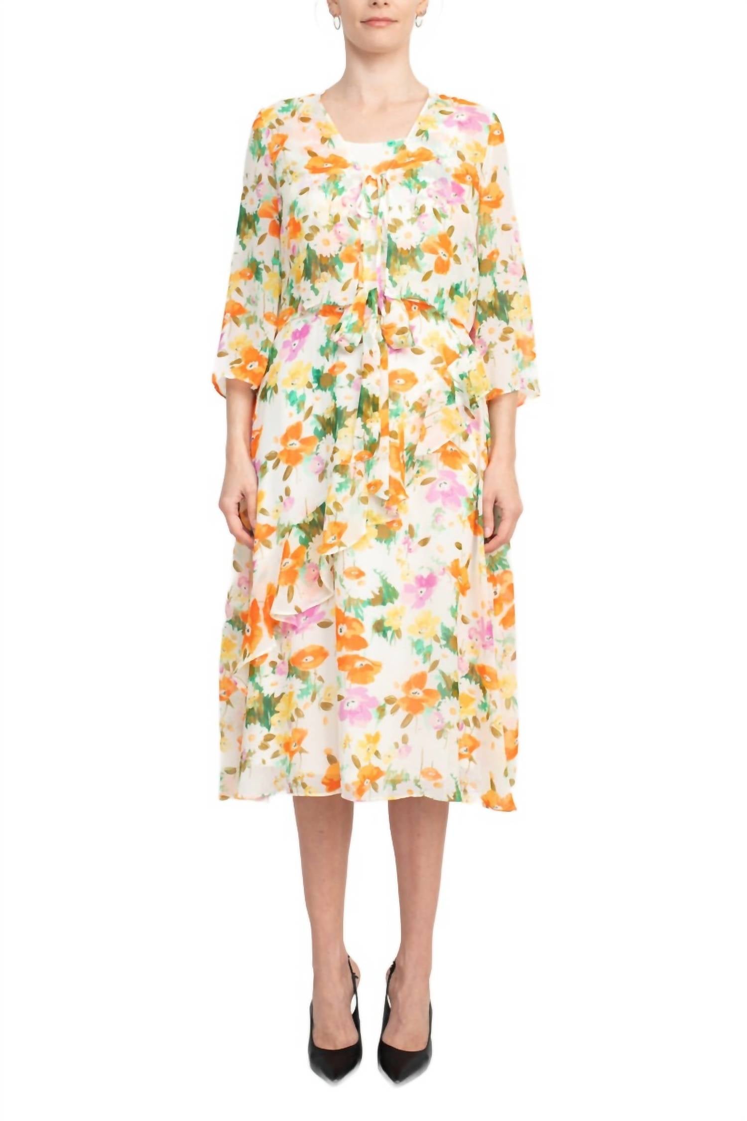 Maison Tara - Floral Midi Dress With Matching Chiffon Jacket Set