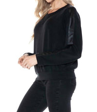 ariella Crewneck With Pleather Sleeves Top in black - women's long sleeve top - alternate view