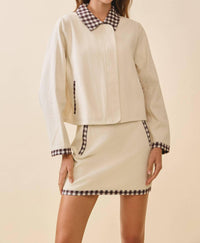 Tcec - Contrast Gingham Trim Front Zipper Collared Jacket