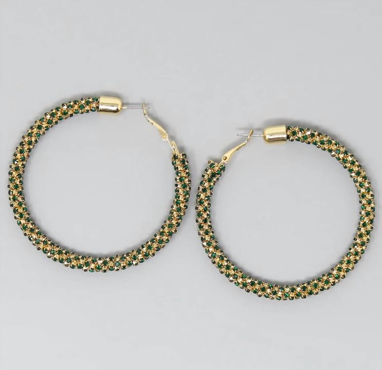 Jennifer & Company - Green and Gold Rhinestone Hoop Earrings