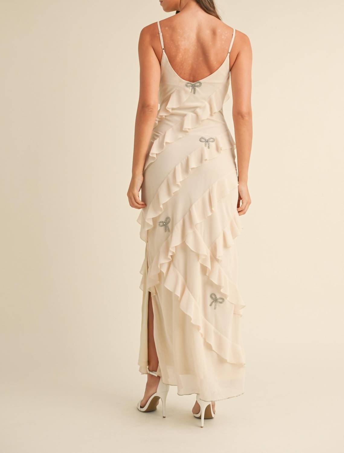 Golden - Cordi Bow Rhinestone Ruffle Maxi Dress
