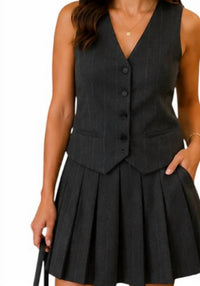 She + Sky - Sleeveless Woven Striped Vest Pleated Mini Dress