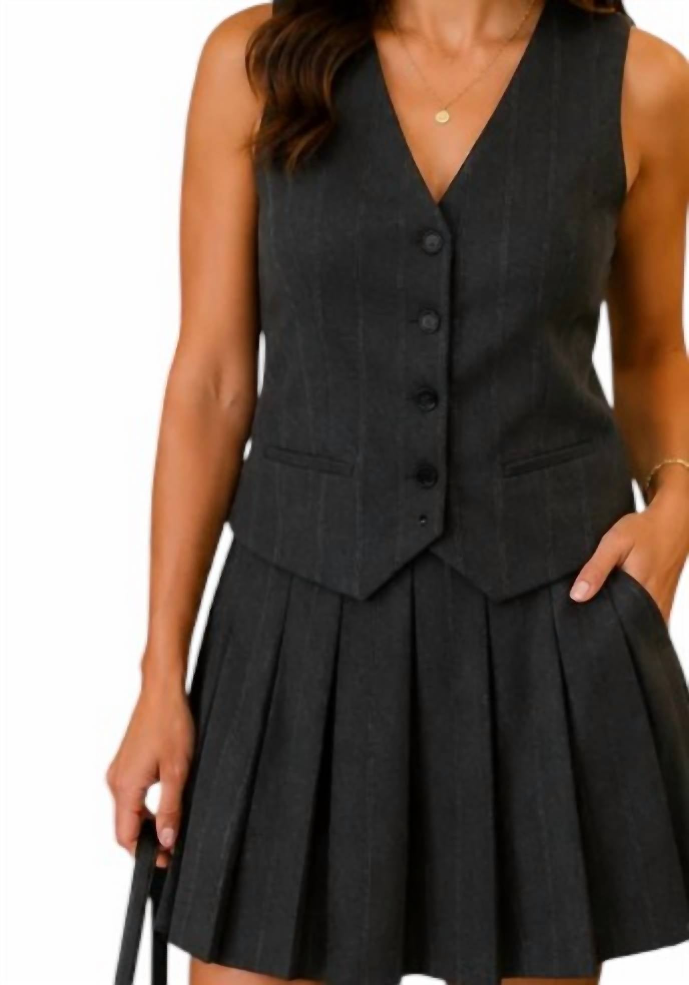 She + Sky - Sleeveless Woven Striped Vest Pleated Mini Dress