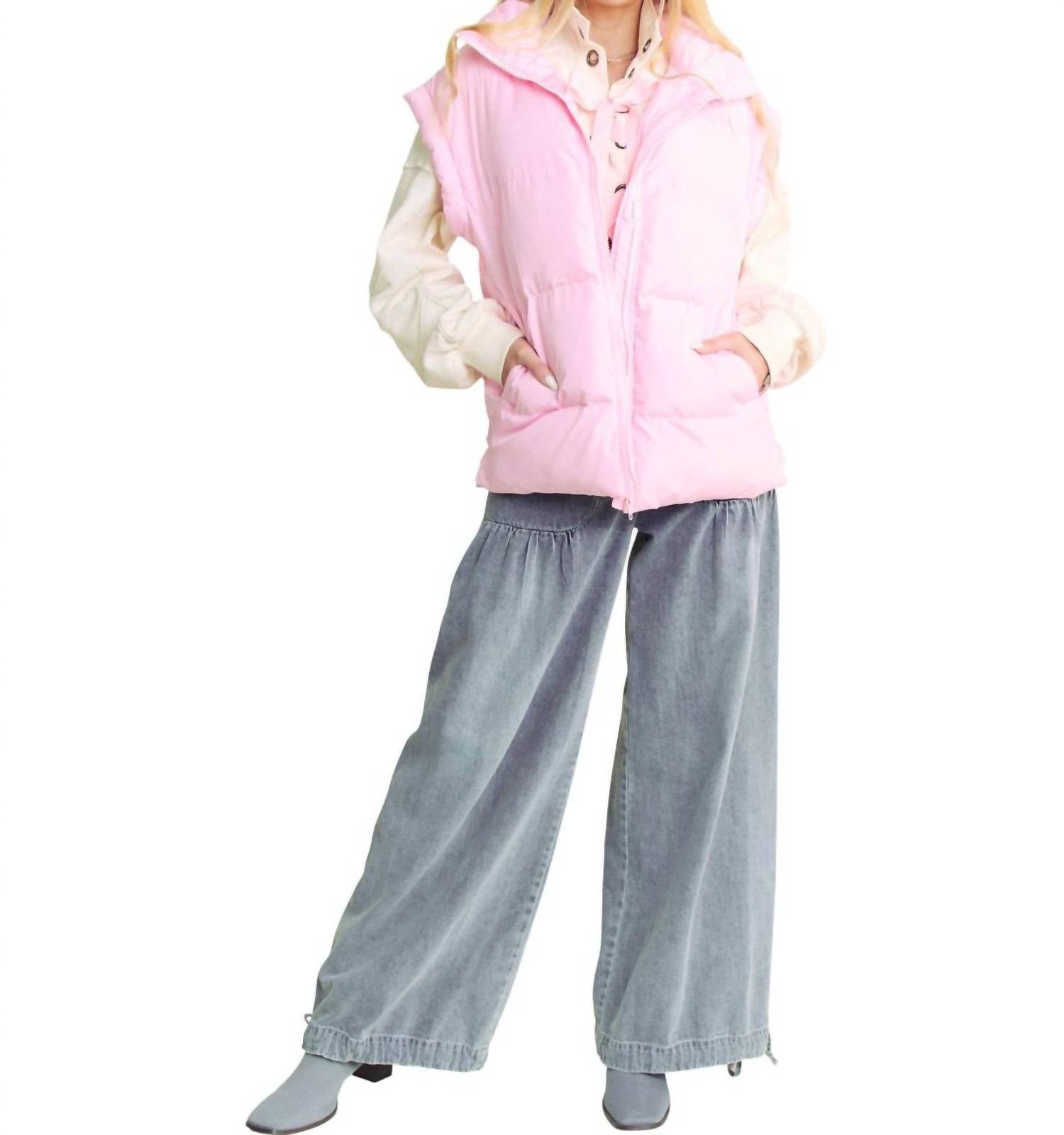 Davi & Dani - Solid Sleeveless Zipper Puffer Jacket Vest - Plus