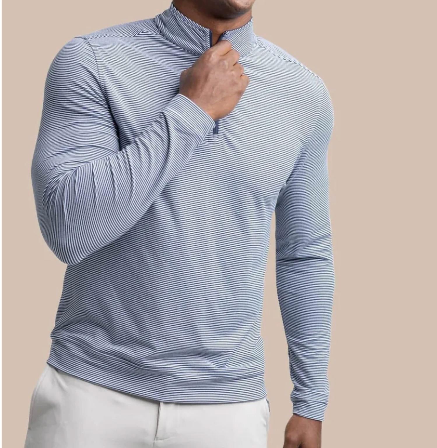 SOUTHERN TIDE Cruiser Micro Stripe Quarter Zip Top in heather navy - men's long sleeve top
