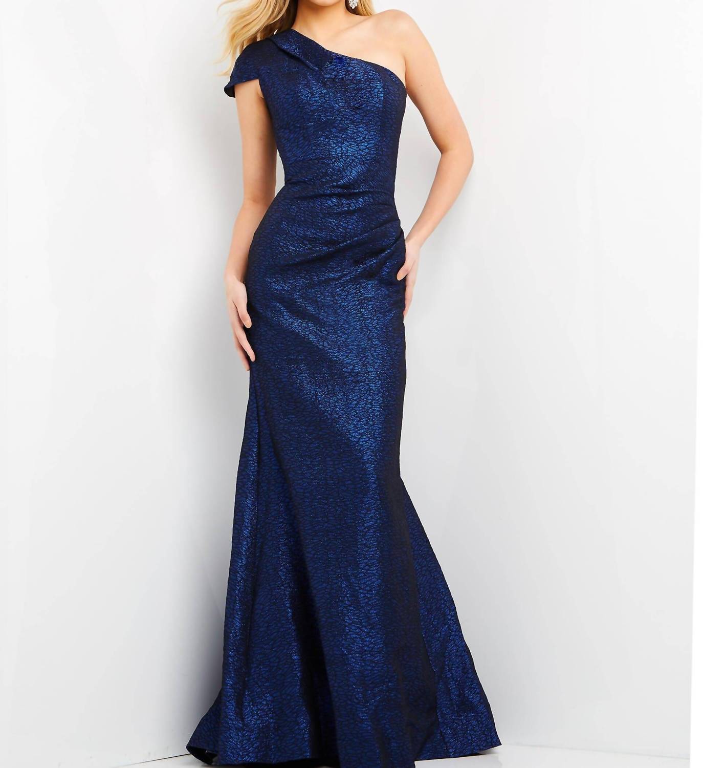 Jovani - Metallic One Shoulder Evening Dress
