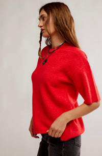 Free People Cane Short Sleeve Sweater Top in cherry pop melange - women's sweater - detail view