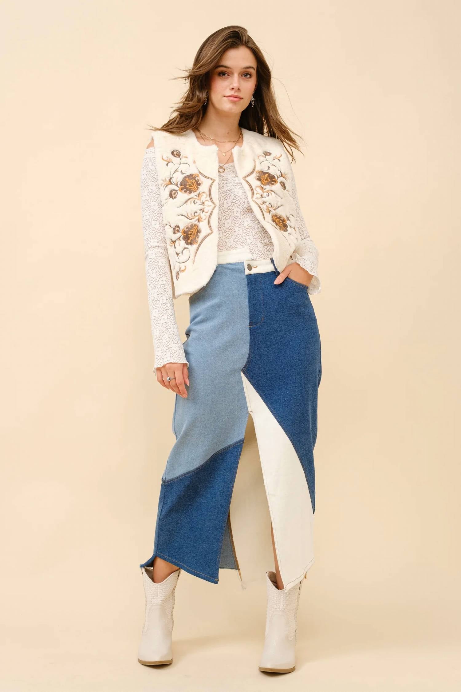 Blue B - Embroidered Faux Fur Vest