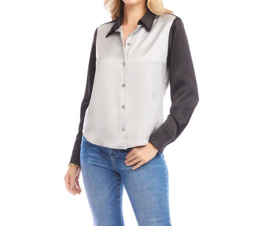 Karen Kane - Long Sleeve Satin Colorblock Shirt