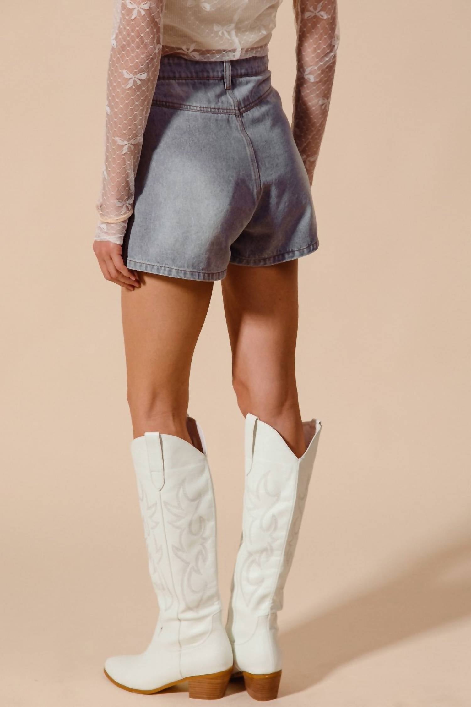So Me Bow Ribbon Knot Pocket Denim Shorts in blue - women's shorts - detail view