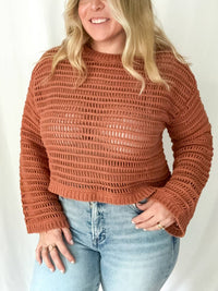 LE LIS Horizon Openwork Crochet Sweater in rust - women's sweater