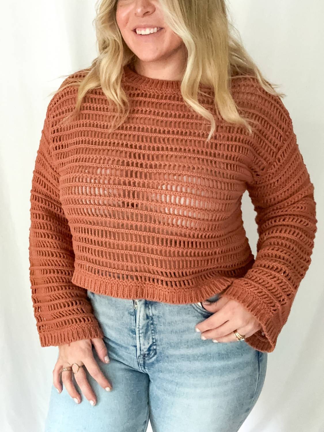 LE LIS Horizon Openwork Crochet Sweater in rust - women's sweater