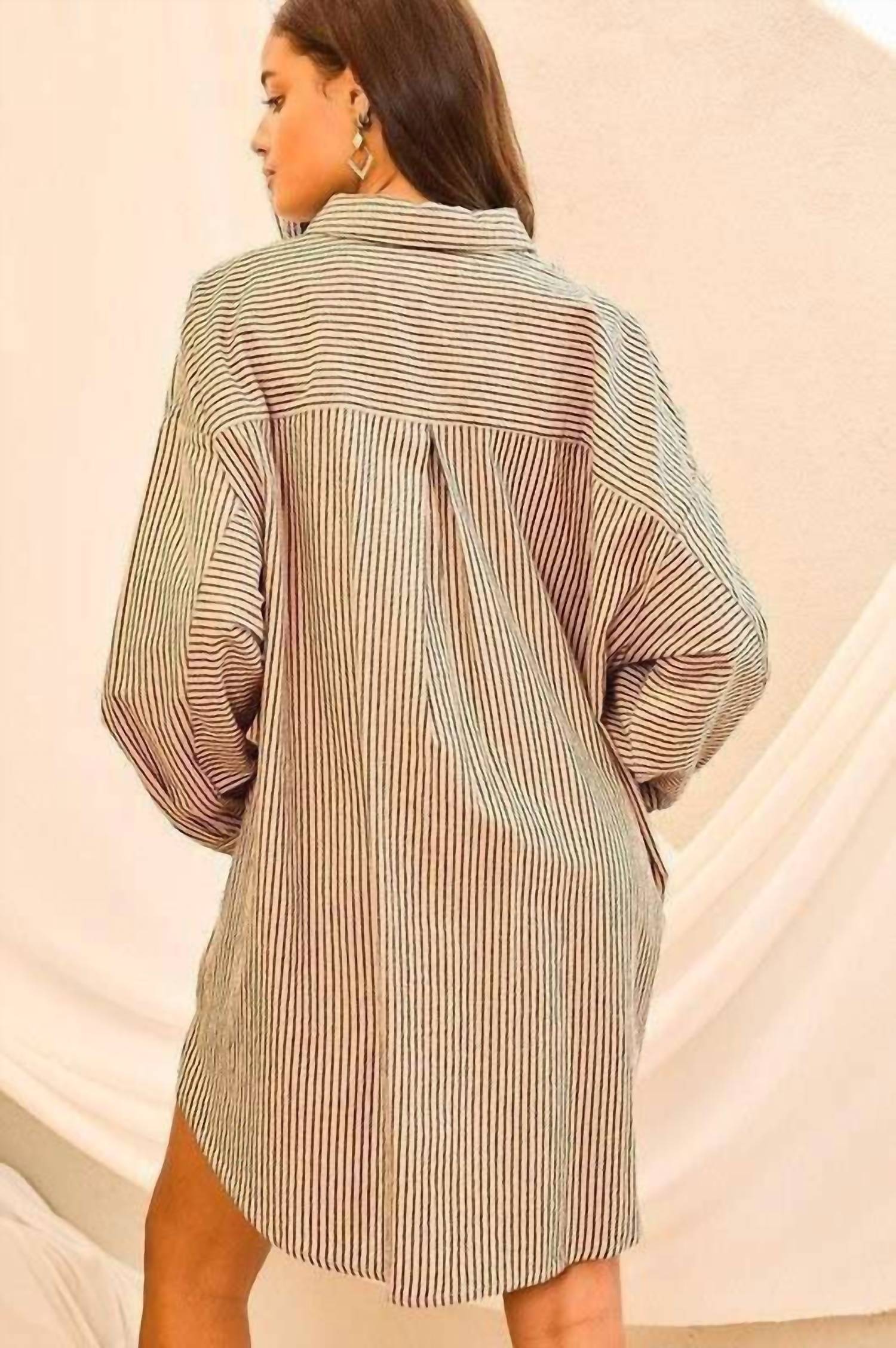 Main Strip - Collar Neck Stripe Print Shirt Mini Dress